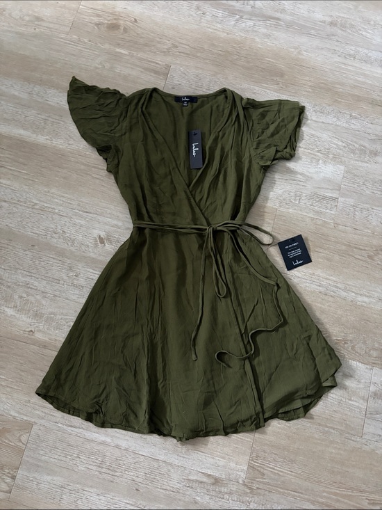 Lulus Dresses & Skirts - Lulu's Olive Green Wrap Flutter-Sleeve Mini Dress